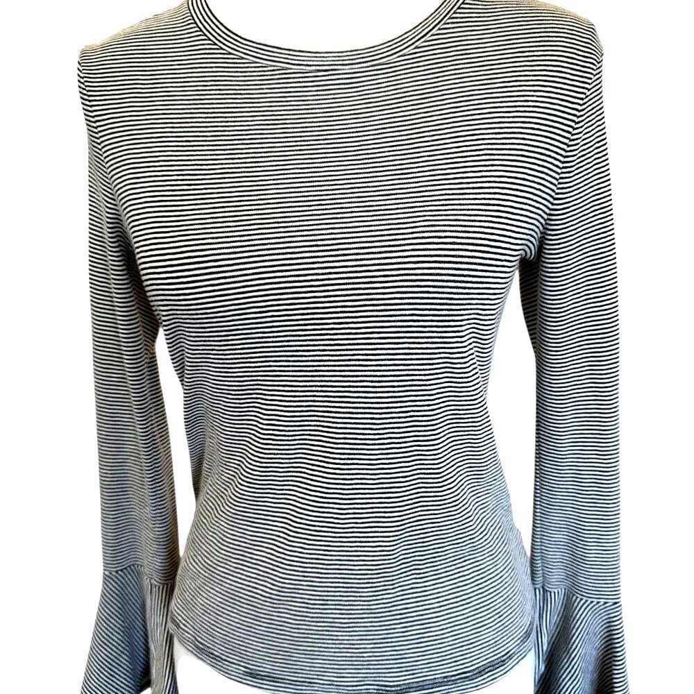 Anthropologie Ro & De Striped Long Sleeve Small Bell Sleeve Black White Top